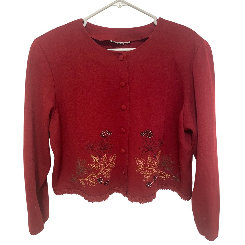 Vintage Rust Red Cardigan Jacket Embroidered Beaded Leaf Design XL